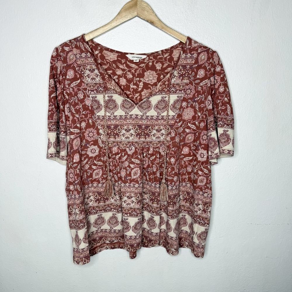 Lucky Brand Rust Color Floral Tassel Tunic V-neck Top Boho Women's Large